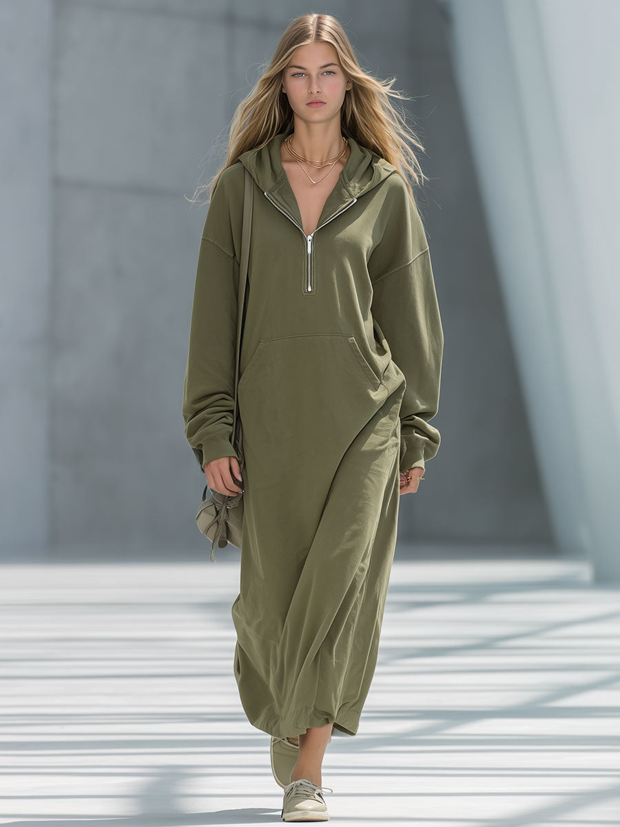 Retro Sports Style Green Hooded Zip-Up Long Dress