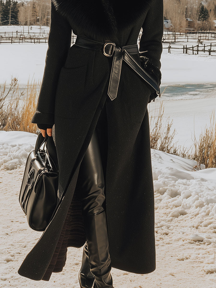 Elegant Classic Fur Collar Belt Long Black Wool Coat
