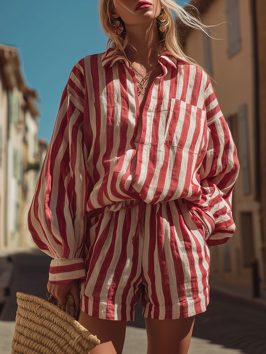 Italian-style Resort Red And White Striped Cotton And Linen Loose Shirt And Shorts Set