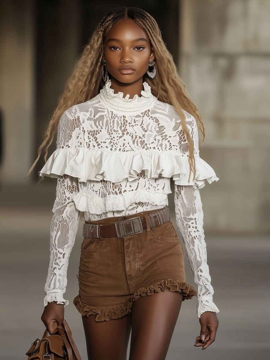 Retro Elegant White Lace Chiffon Ruffle Long Sleeve Shirt