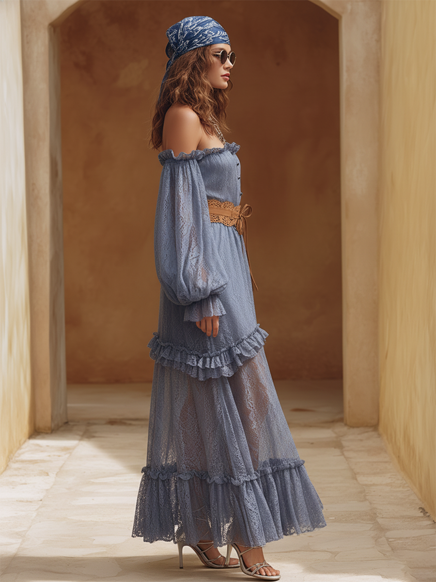 Elegant Bohemian Off-Shoulder Gray-Blue Lace Maxi Dress