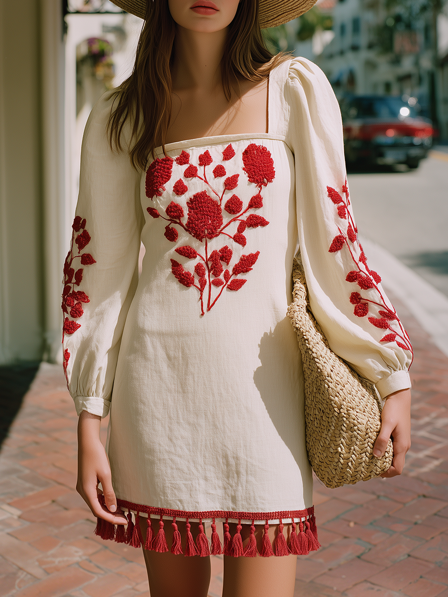Bohemian Red 3D Embroidered Fringed Hem Off-white Cotton And Linen Mini Dress