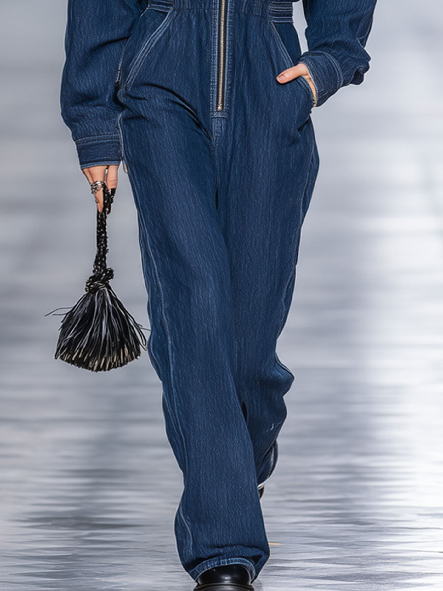 Fashionable Casual Blue Washed Denim Hooded Long-Sleeved Jumpsuit