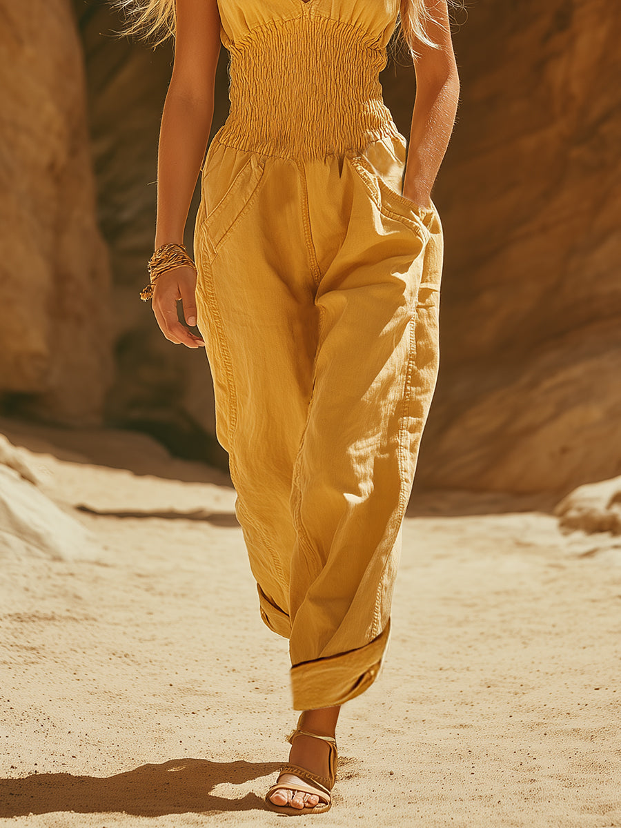 Casual Retro Vacation V-neck Yellow Sleeveless Jumpsuit