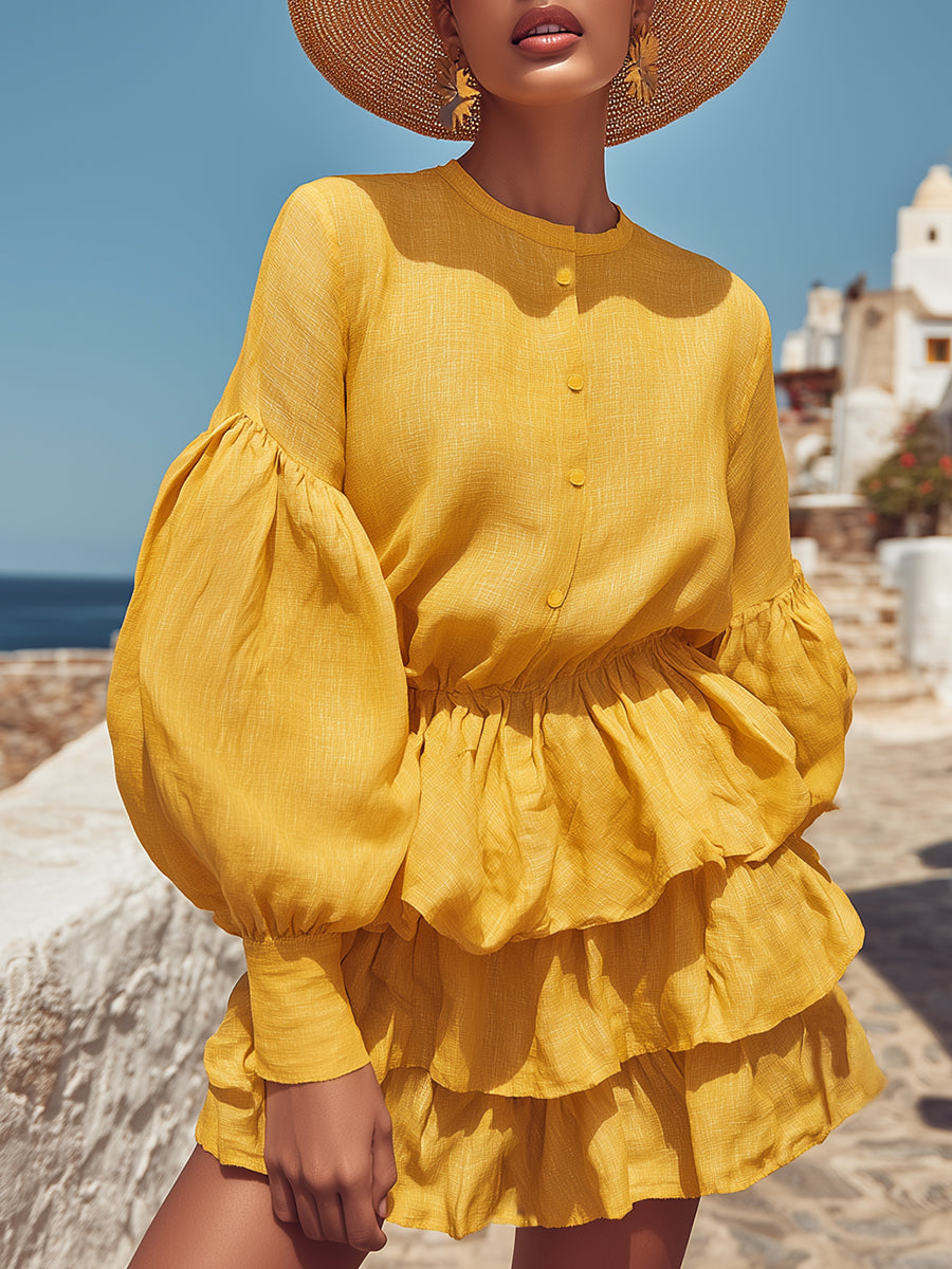 Vacation Casual Pale Yellow Cotton Linen Round Neck Ruffled Mini Dress