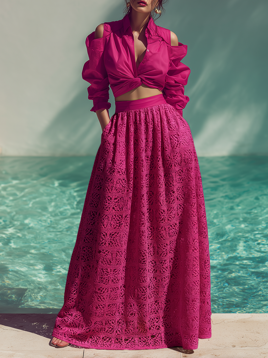 Romantic Vacation Off-Shoulder Twisted Shirt And Cotton Lace Skirt Set