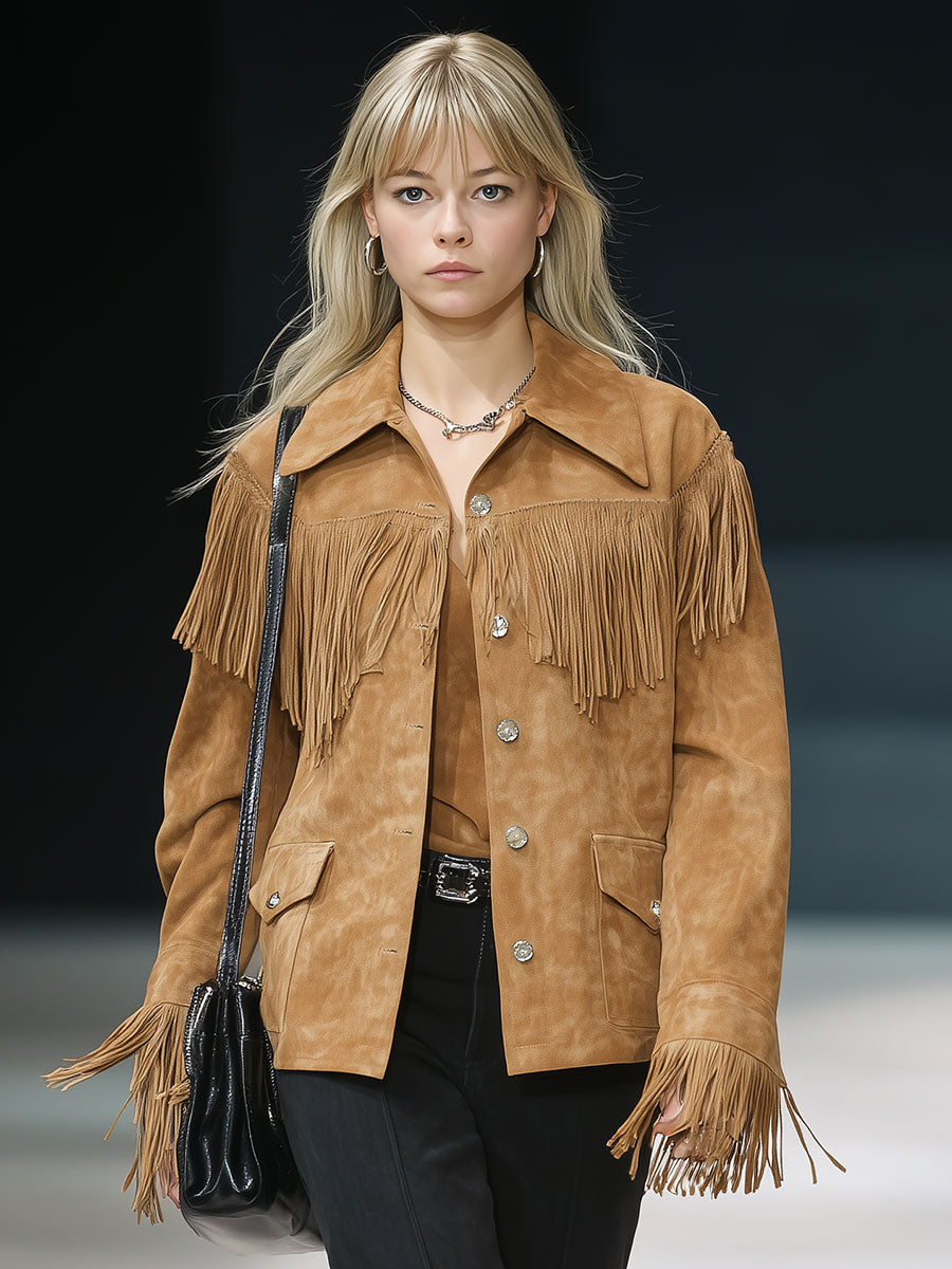 Casual Vintage Khaki Faux Suede Fringe Jacket