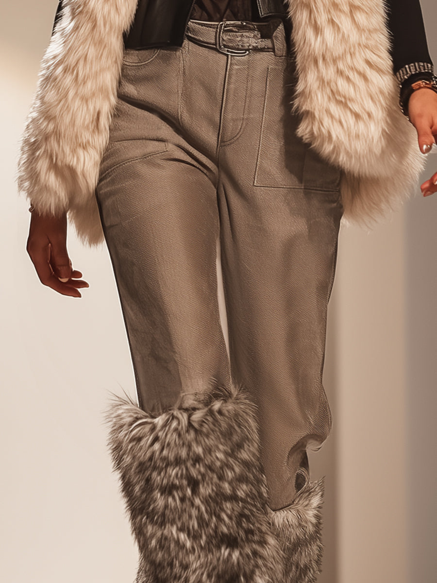 Luxurious And Fashionable Brown Faux Fur Patchwork Cotton Blend Pants