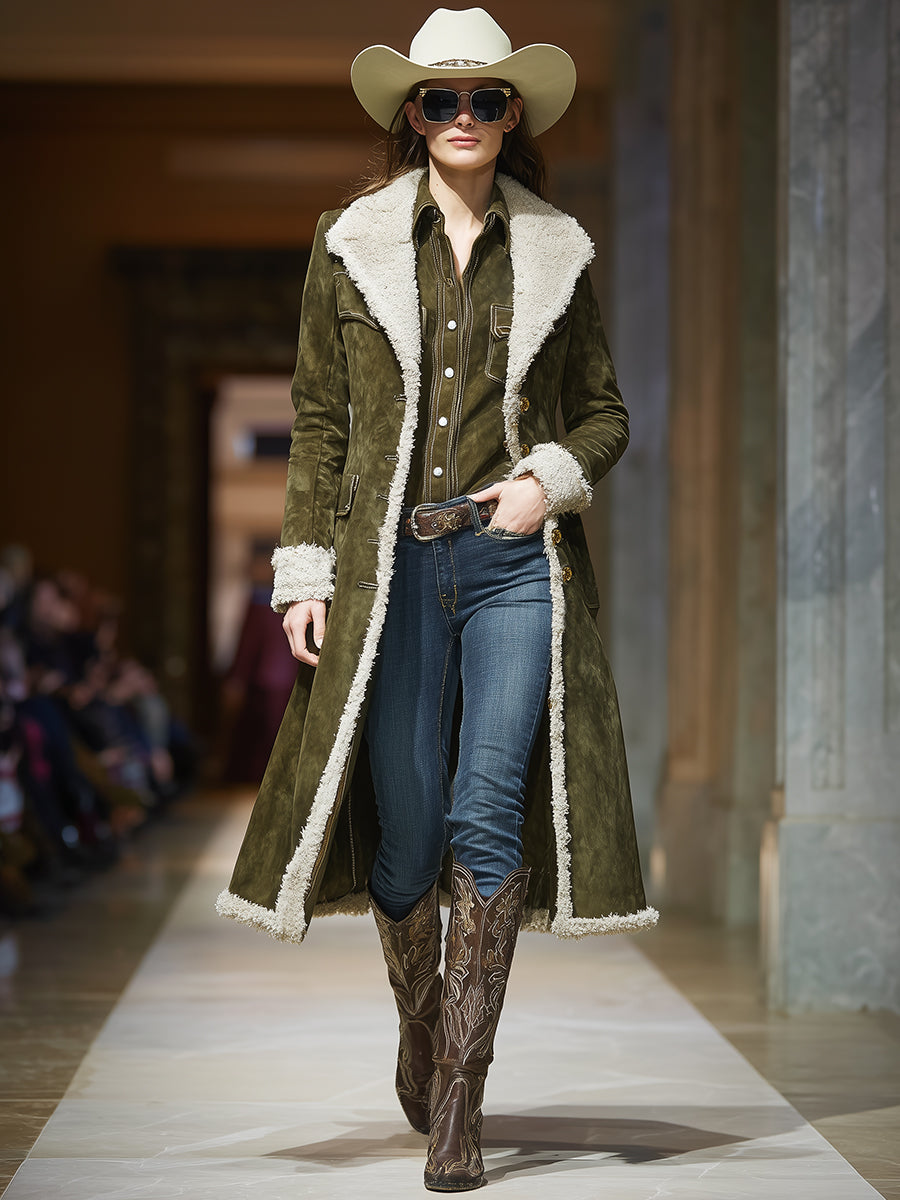 Western Retro Plush Edge Army Green Coat