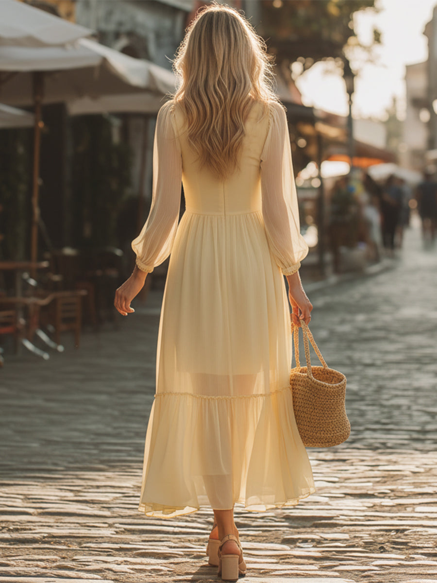 French Romantic Button-down Pale Yellow Chiffon Square Neck Maxi Dress