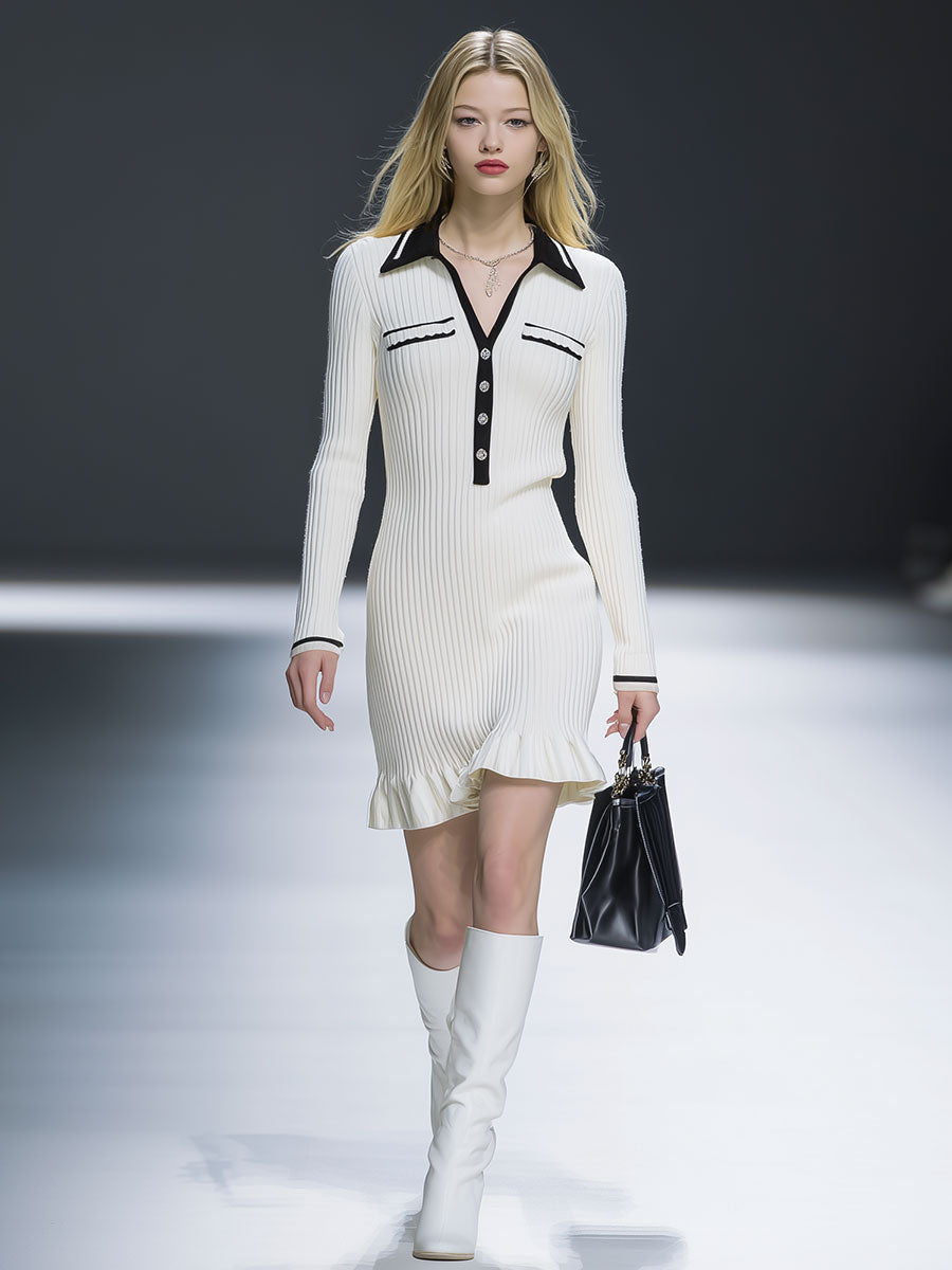 Elegant Lapel Black And White Contrast Knitted Midi Dress