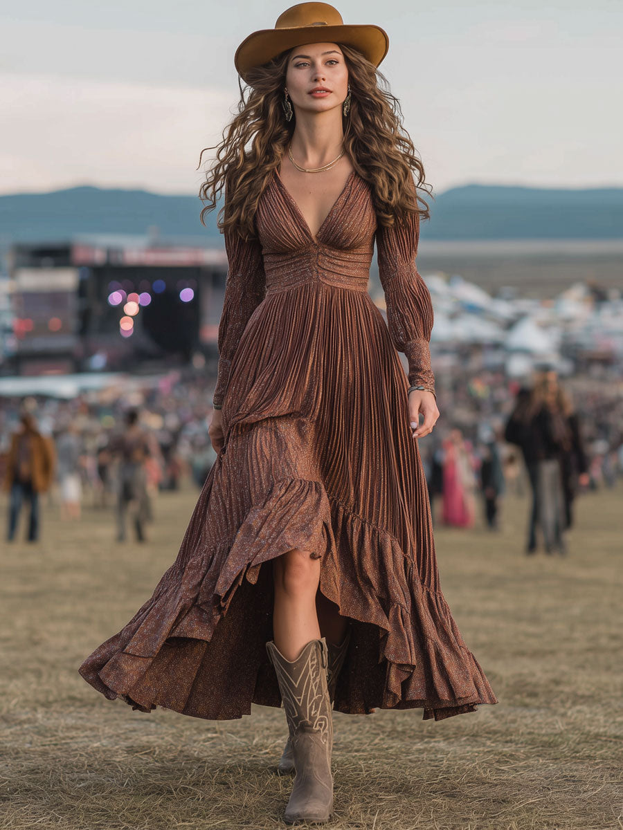 Western Retro Brown Pleated Print Long Sleeve Ruffle Maxi Dress