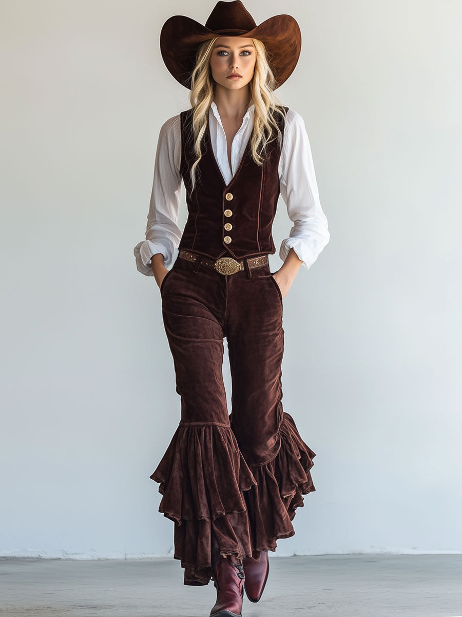 Vintage Chocolate Velvet Vest Lace-Up Ruffle Pants Set