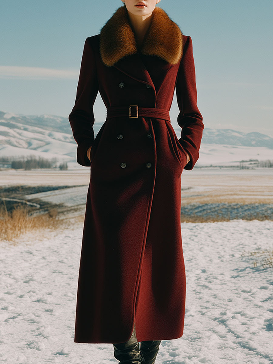 Luxury Waterproof Mink Collar Long Burgundy Wool Coat