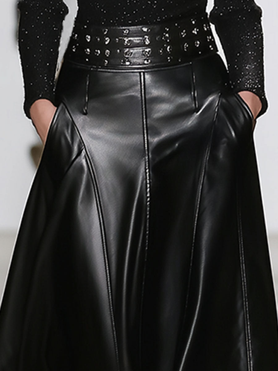 Fashion Retro Black High Waist Faux Leather Skirt