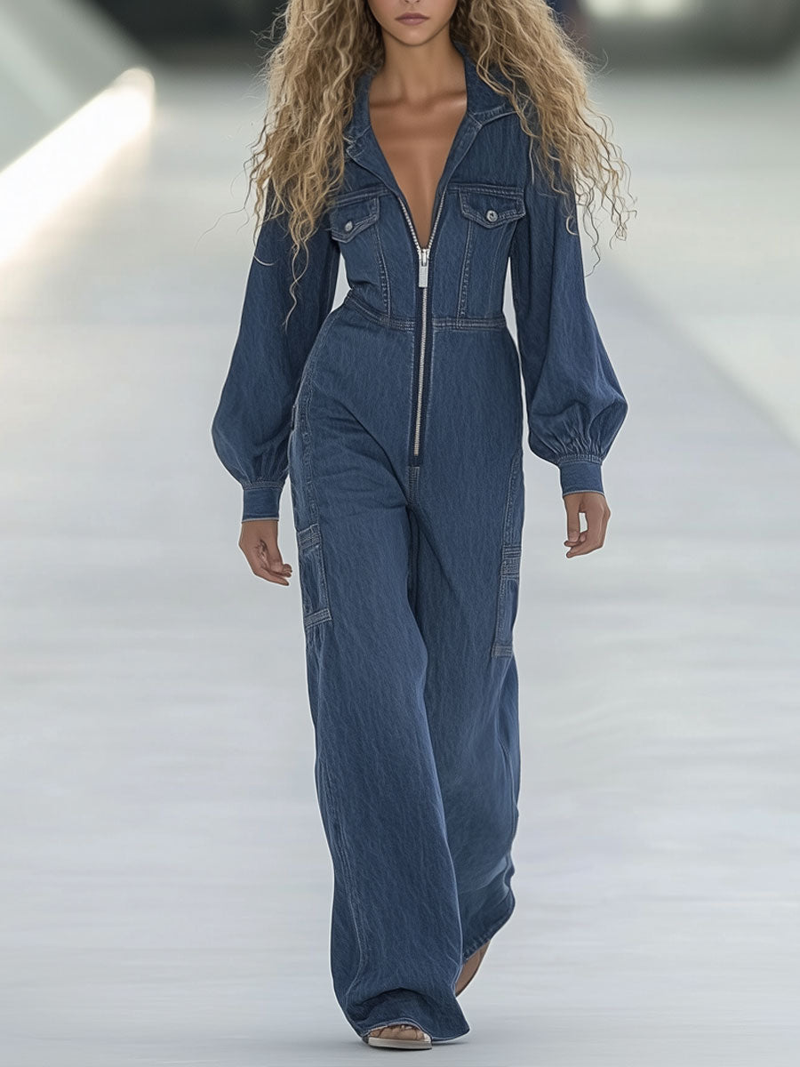 Fashion Street Blue Washed Zipper Lapel Puff Sleeve Jumpsuit