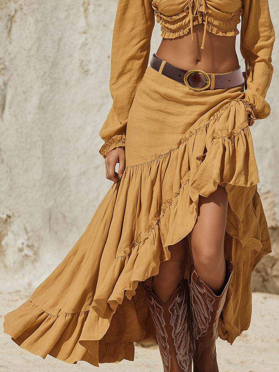 Stylish Ginger Yellow Cotton And Linen Square Neck Top And Ruffled Skirt Set