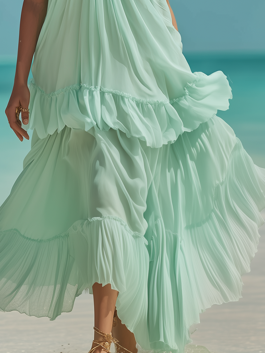 Vacation-style Mint Green Strappy Chiffon Maxi Dress