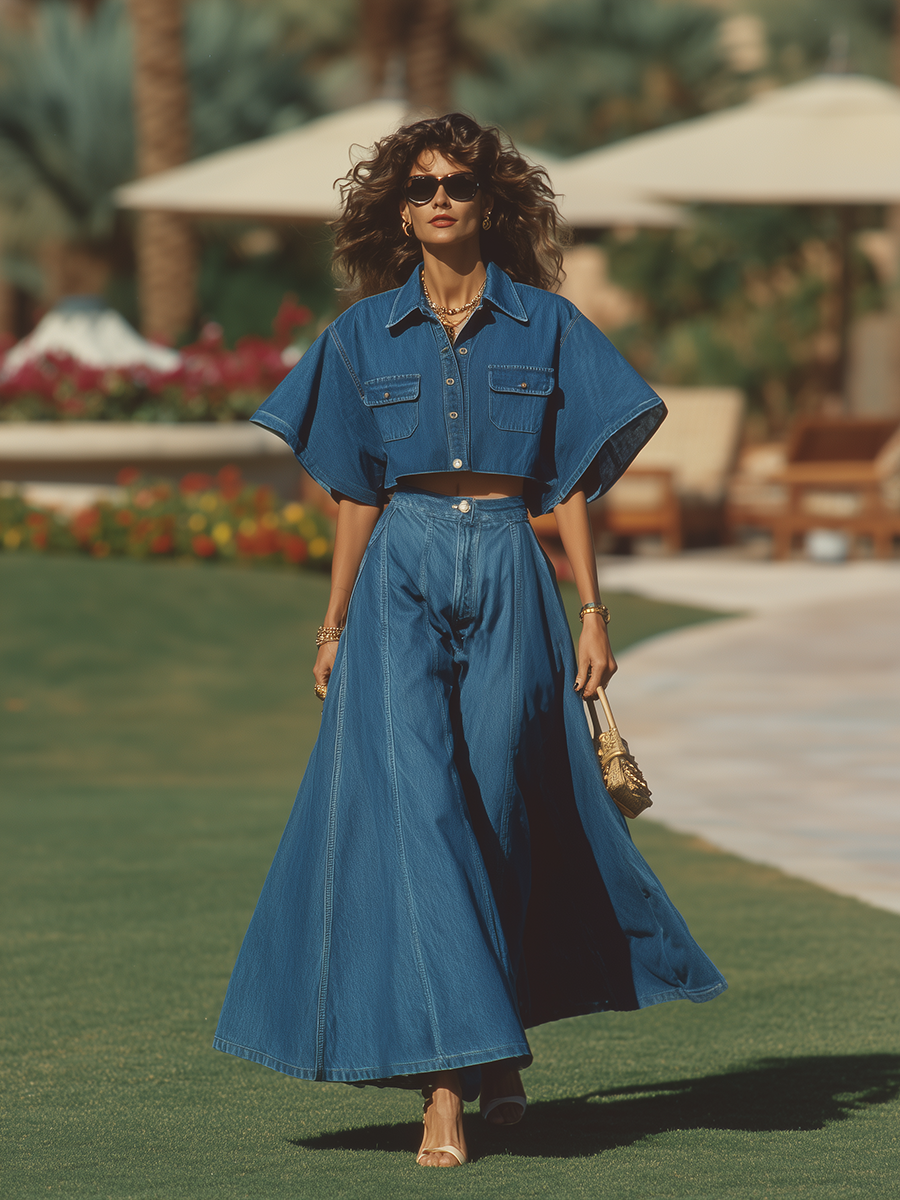 Vacation-style Denim Long-sleeved Top And Skirt Set