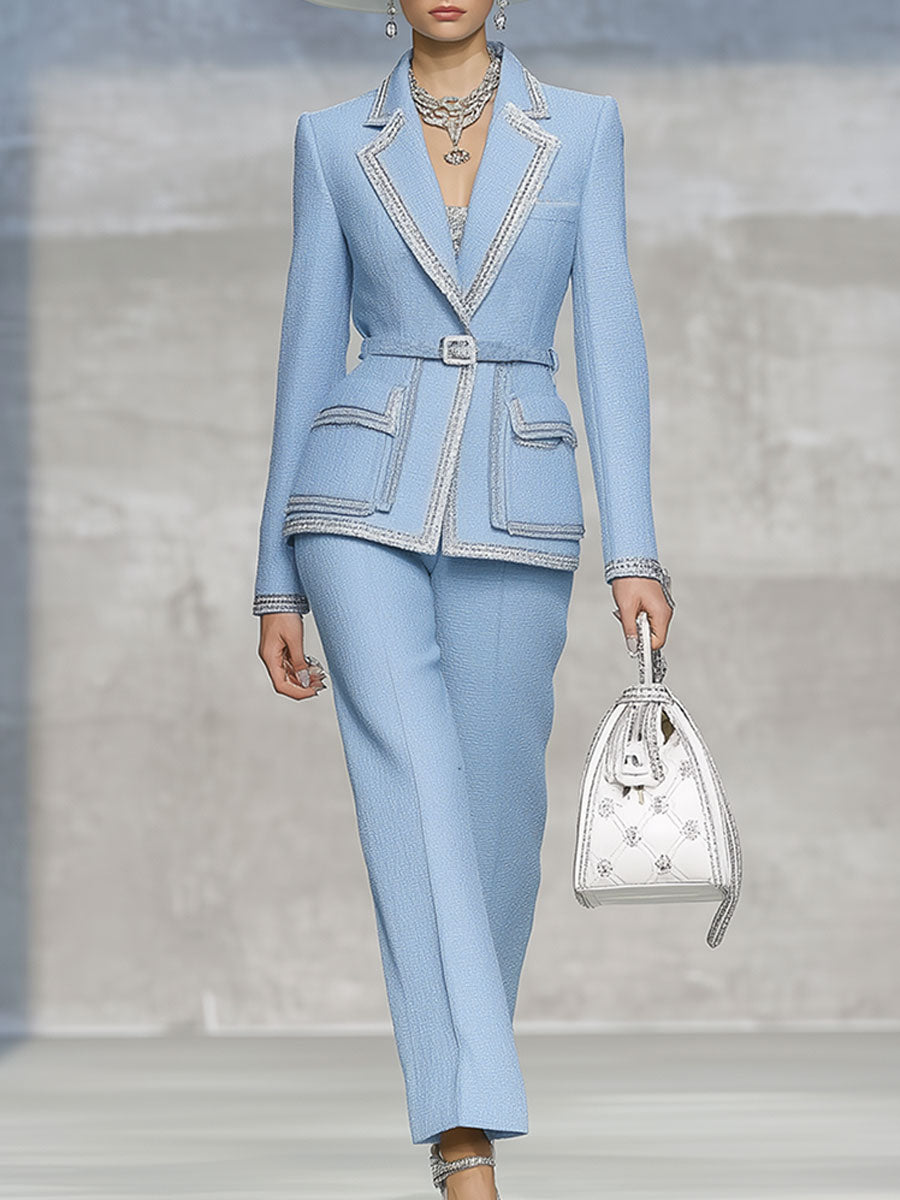 Elegant Vintage Blue Belted Tweed Top And Pants Set