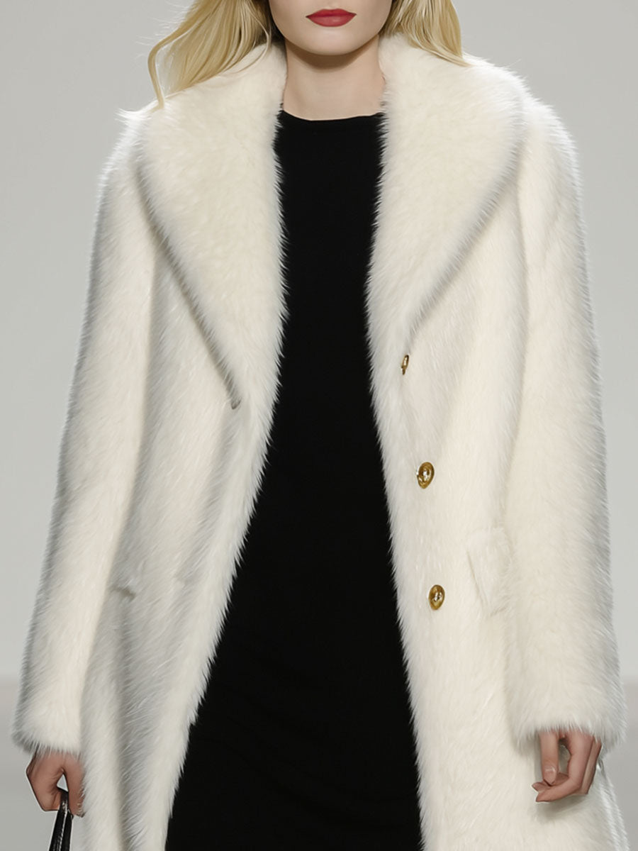 Elegant And Luxurious White Eco-Friendly Fur Lapel Coat