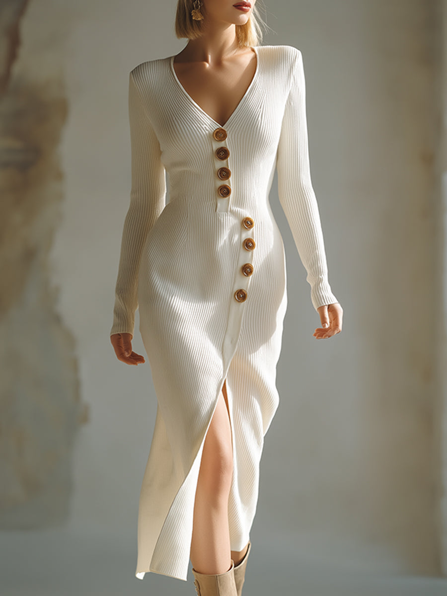 Elegant And Minimalist Cream White V-neck Button-down Knitted Maxi Dress