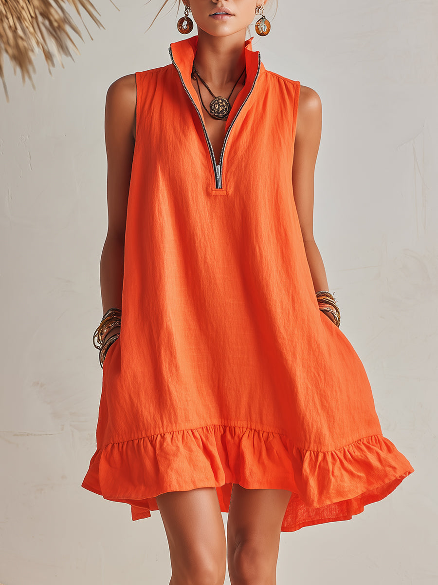 Vibrant Resort Orange Cotton Linen Half-Zip Stand Collar Ruffled Hem Mini Dress