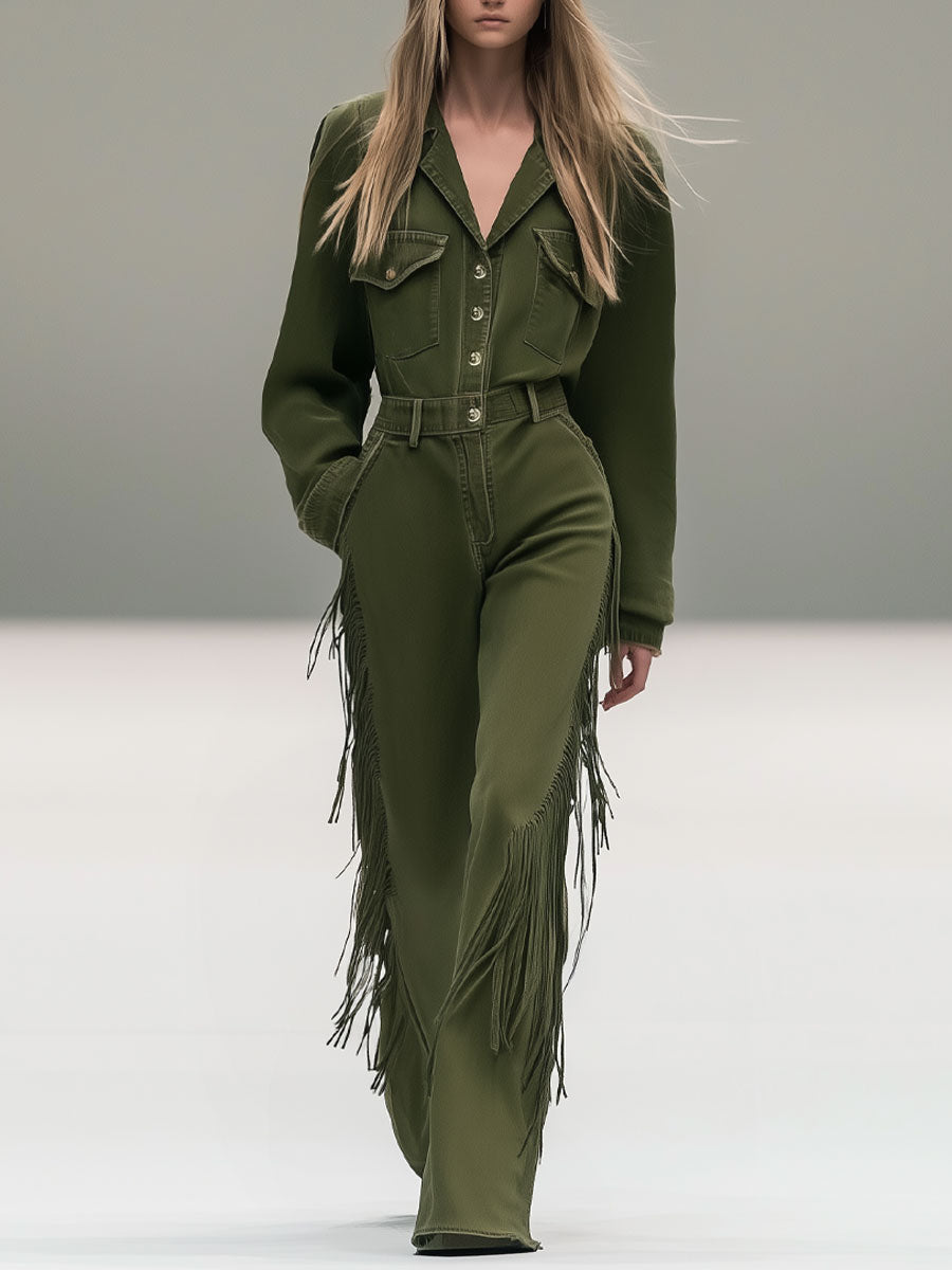 Fashion Retro Olive Green Washed Denim Lapel Tassel Jumpsuit