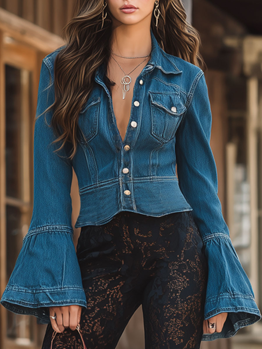 Vintage Elegant Blue Denim Flared Jacket