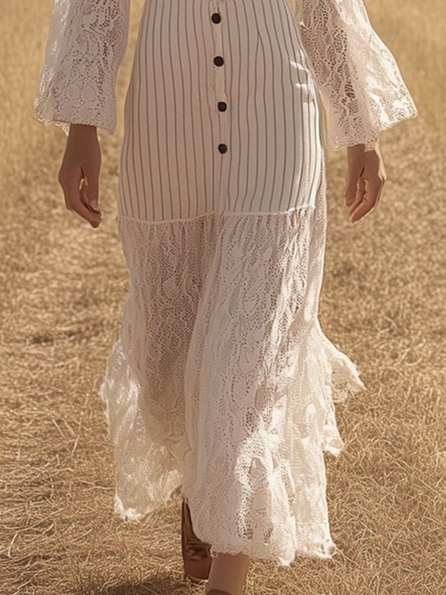Vintage White Striped Lace Long Sleeve Shirt Maxi Dress