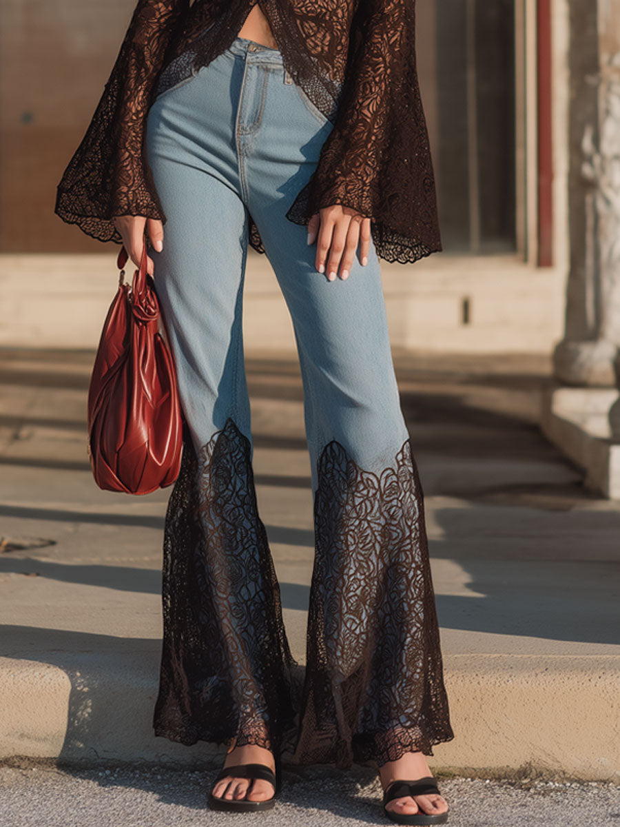 Vintage Elegant Black Lace Flared Light Blue Jeans