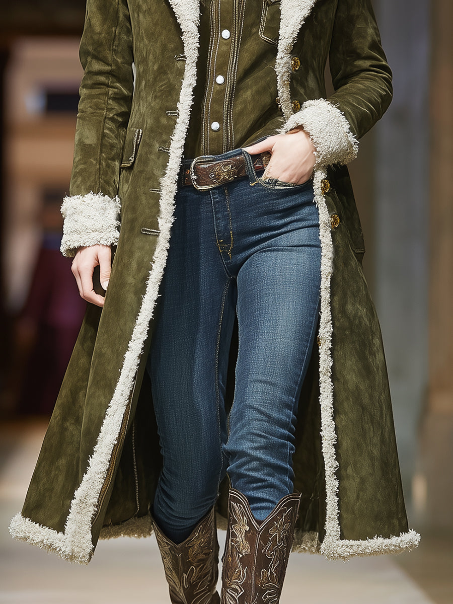 Western Retro Plush Edge Army Green Coat