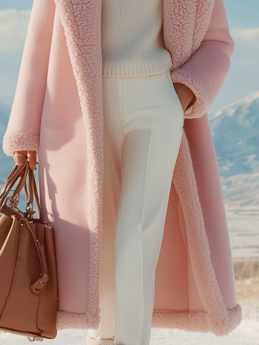 Loose Retro Fur Collar Pink Woolen Coat