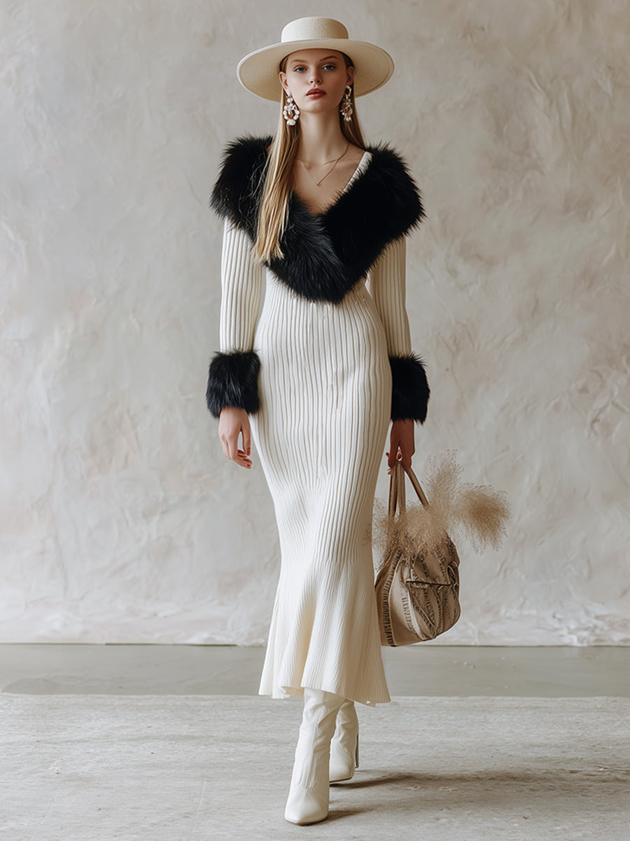 Elegant And Luxurious Faux Fur Detachable Collar White Knitted Maxi Dress