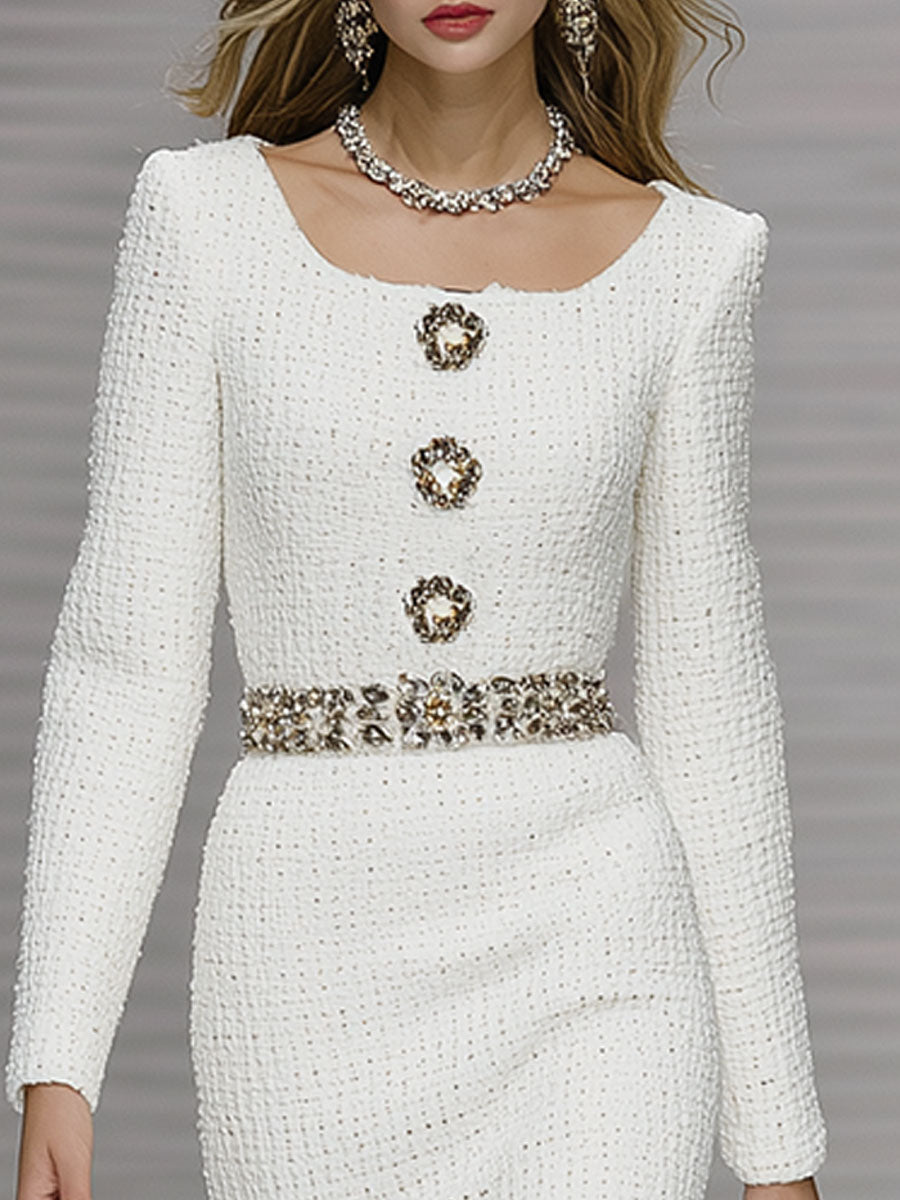 Stylish And Elegant White Tweed Midi Dress