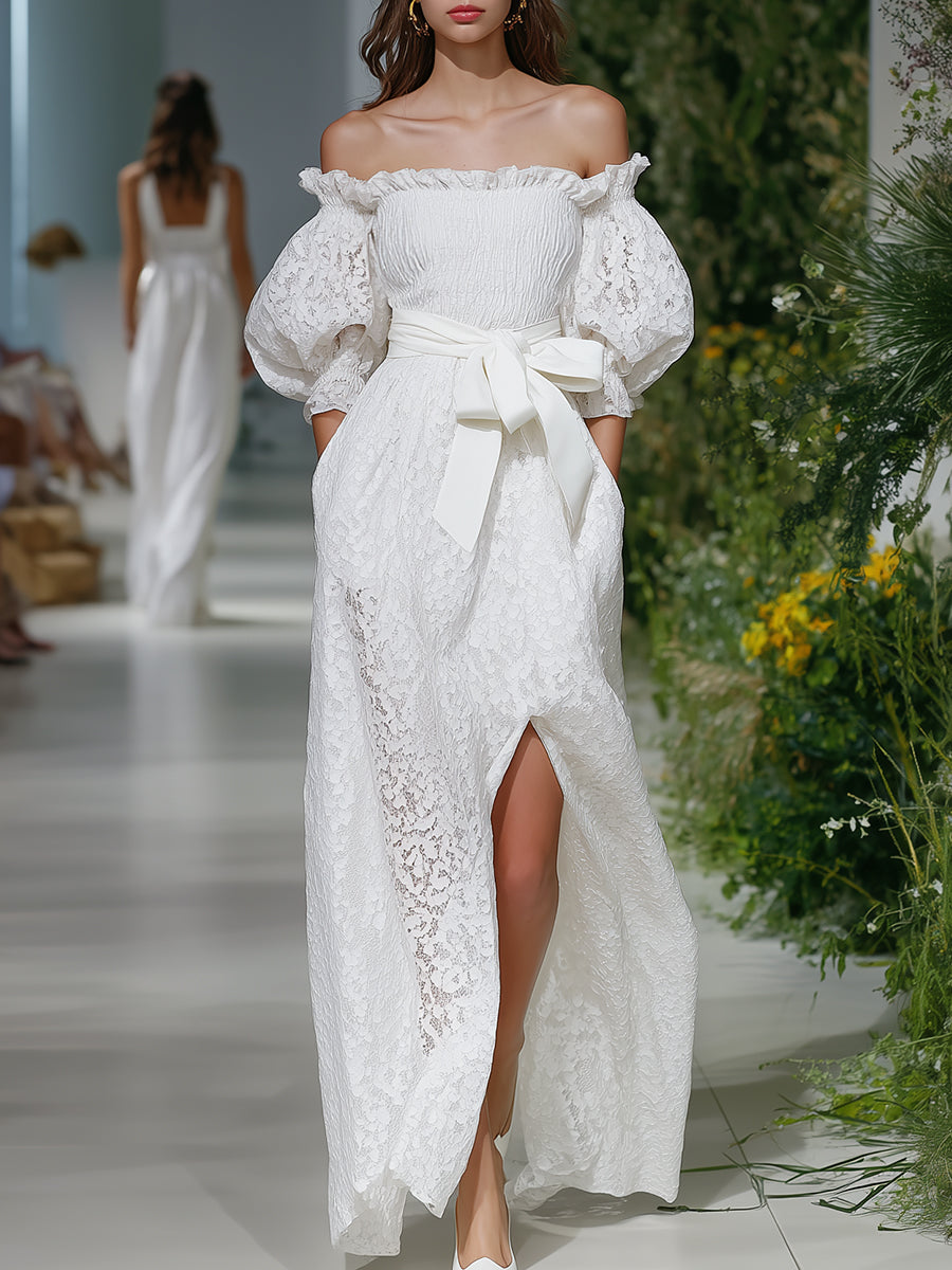 Elegant Bohemian Bow-Waisted White Lace Off-Shoulder Maxi Dress