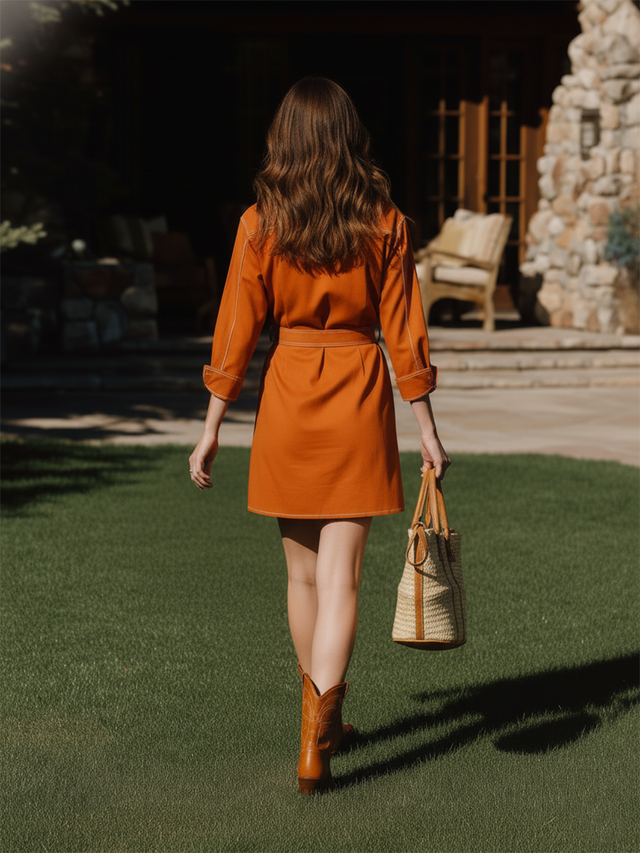 Vacation-style Shirt Collar Long-sleeved Mini Dress