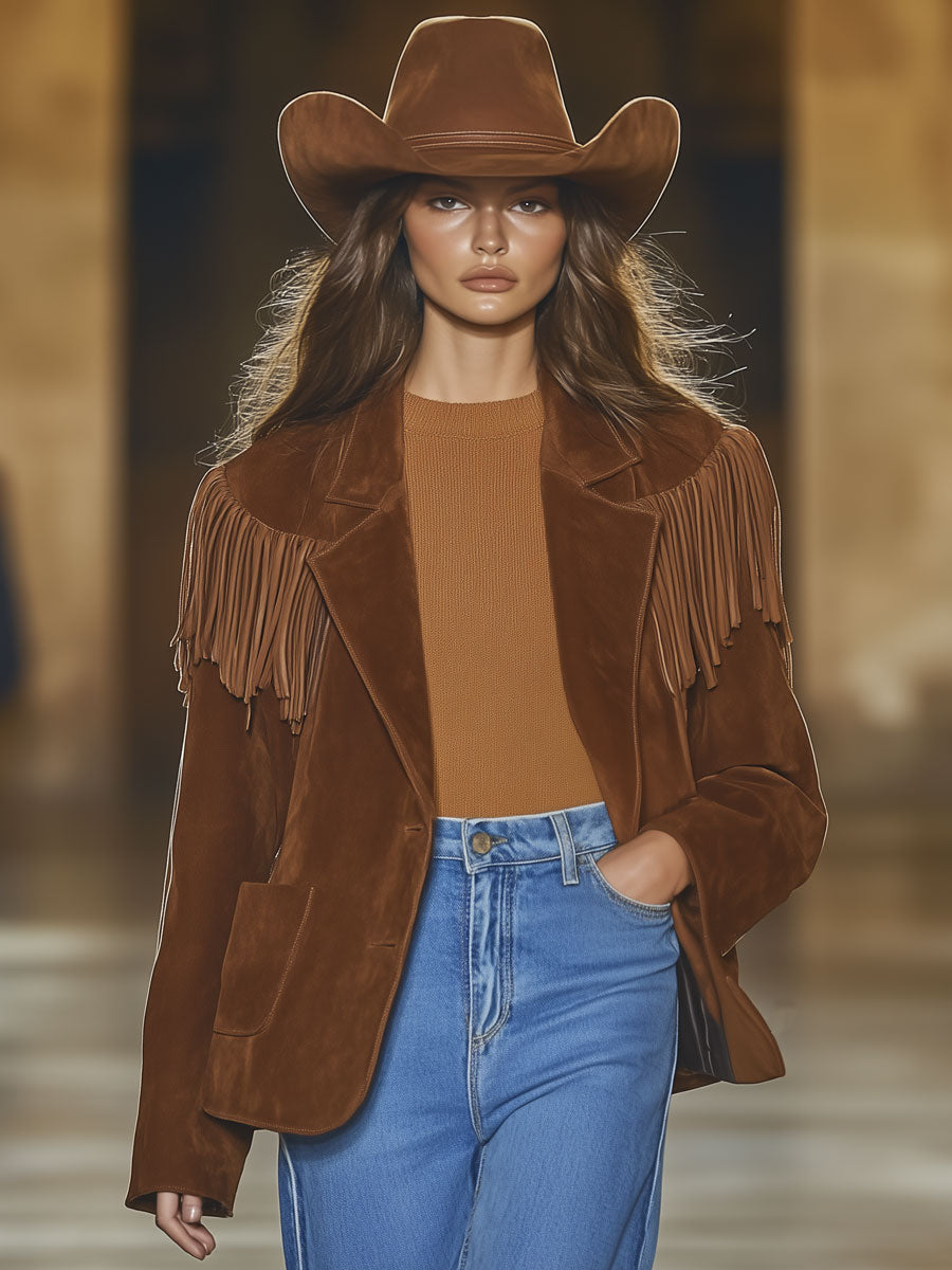 Casual Western Vintage Brown Suede Tassel Blazer