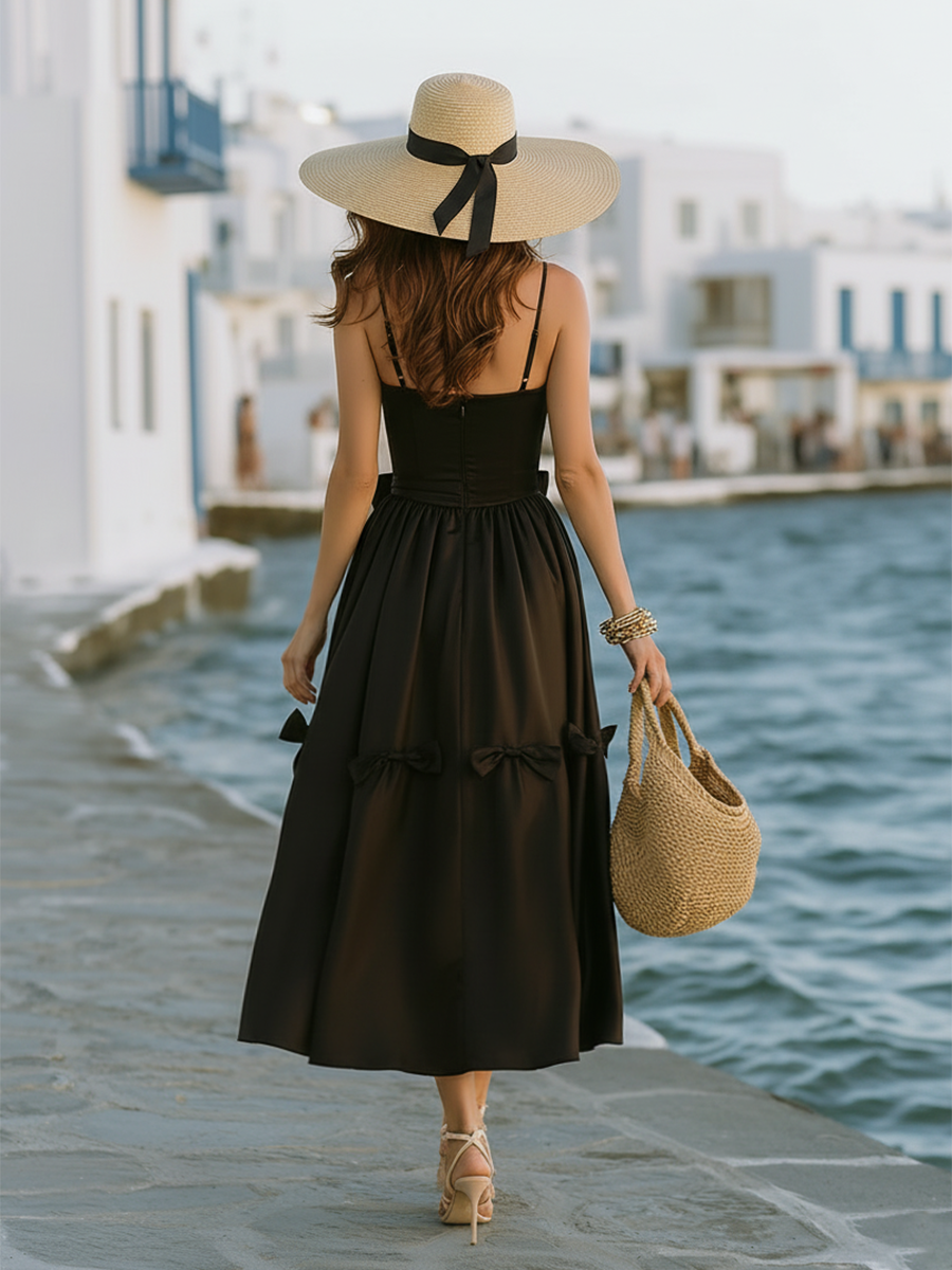 Classic And Elegant Thin Straps And Bow Black Satin A-line Midi Dress