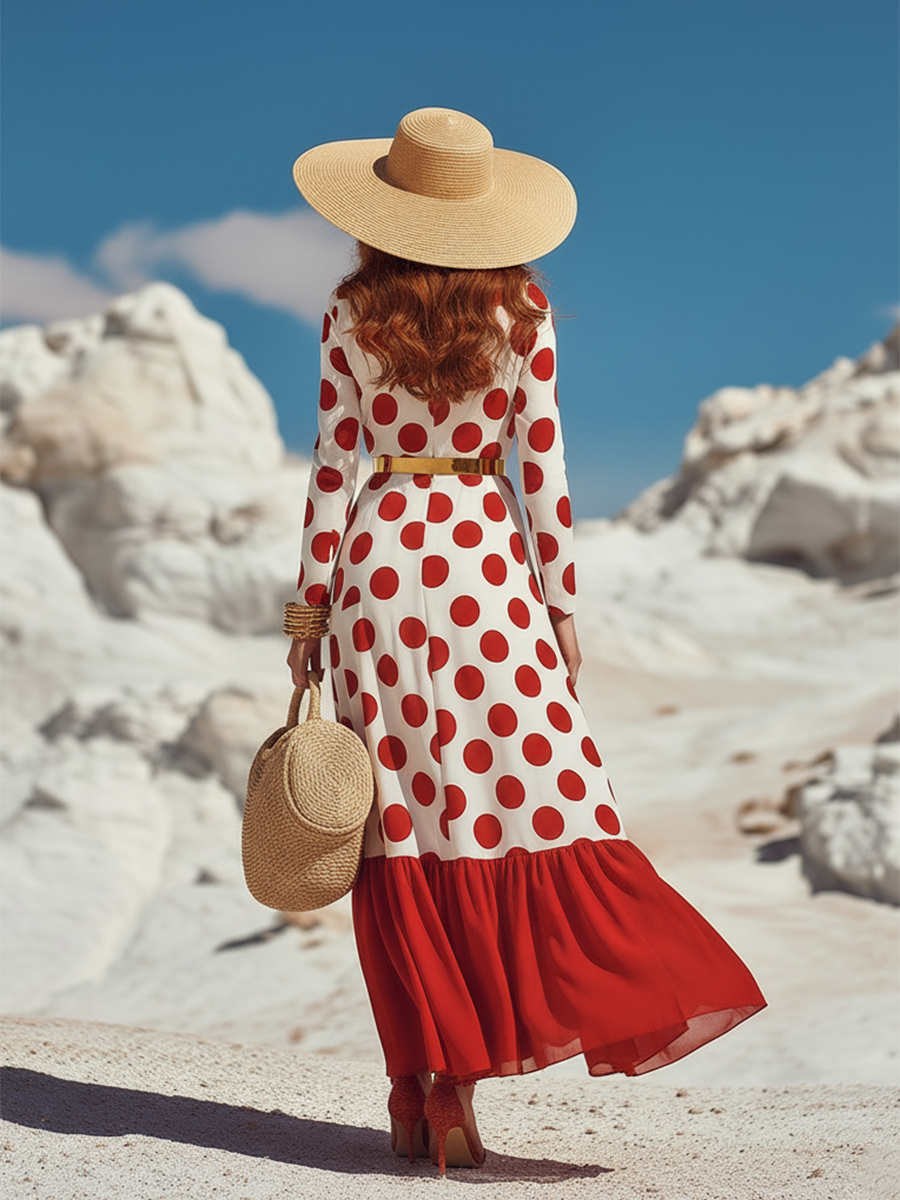 Classic Holiday Red Polka Dot Lapel Chiffon Maxi Dress