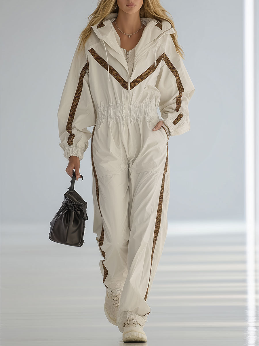Fashionable And Casual Off-White Spliced Webbing Jumpsuit