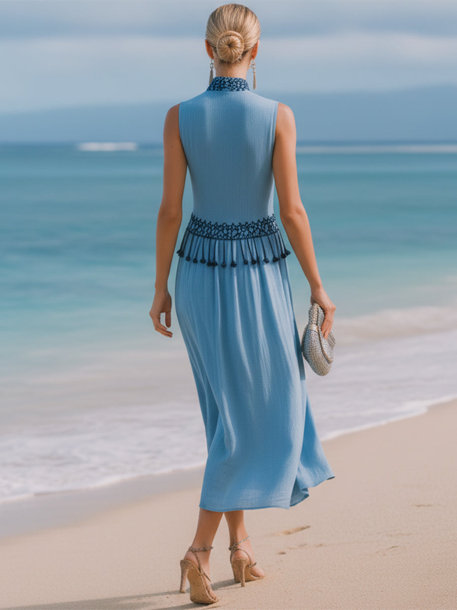 Bohemian Light Blue Cotton Linen Embroidered Tassel Midi Dress