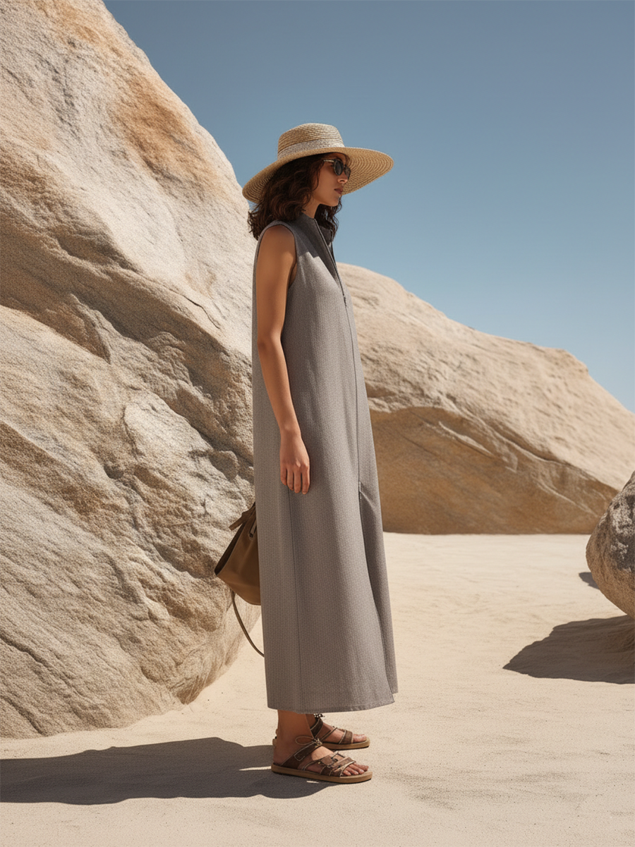 Resort-style Grey Sleeveless Zip-up Maxi Dress