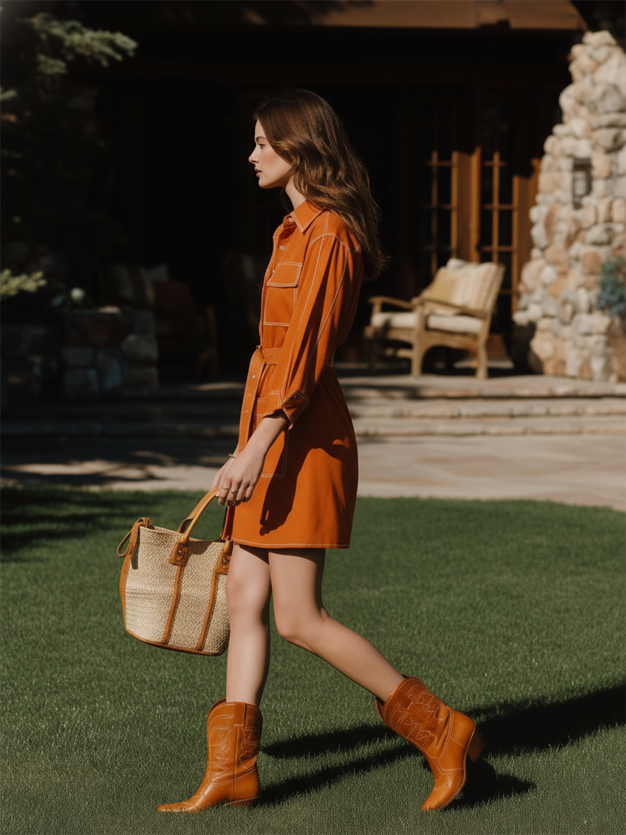 Vacation-style Shirt Collar Long-sleeved Mini Dress