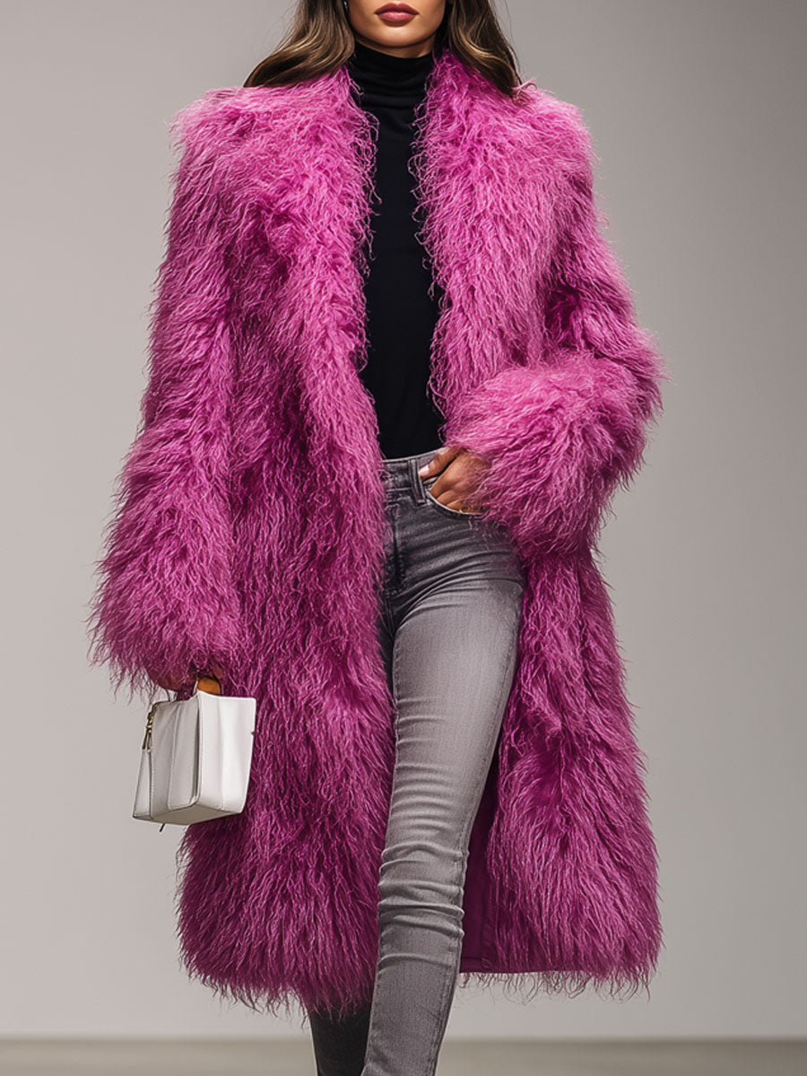Dragon Fruit Colored Lapel Warm Eco-friendly Fur Coat