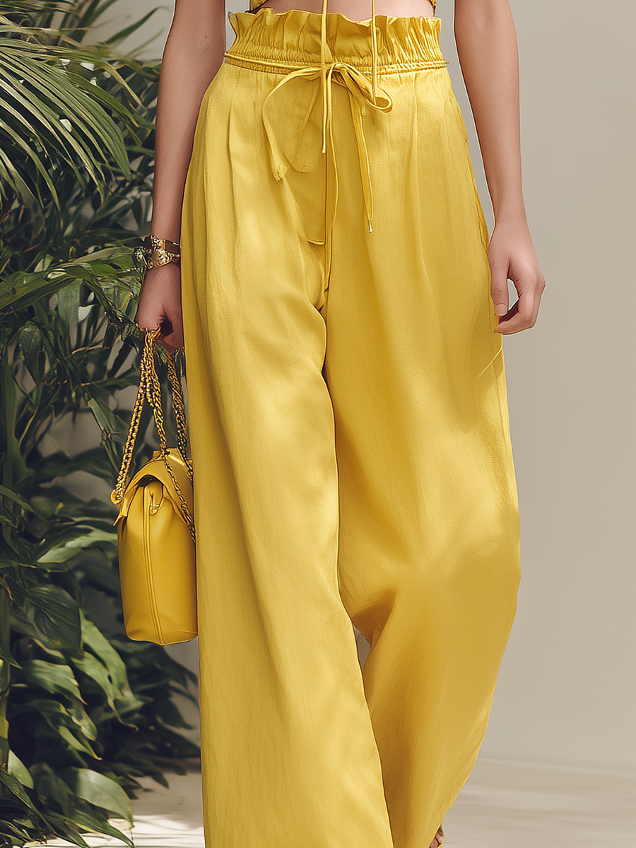 Vacation-style Cotton Yellow V-neck Top And Trousers Set