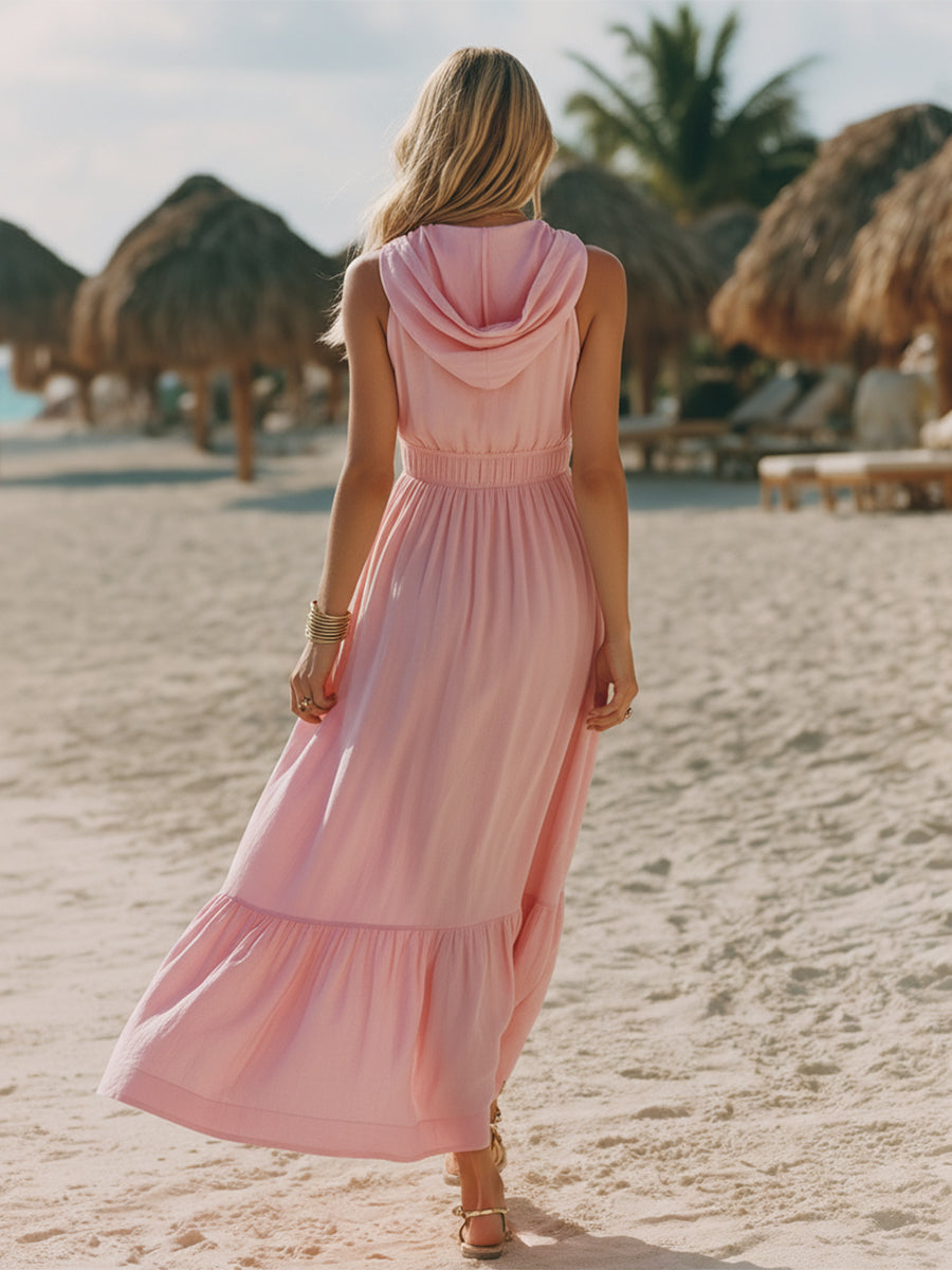 Bohemian Style Pink Cotton Linen Lace Neckline Hooded Loose Midi Dress