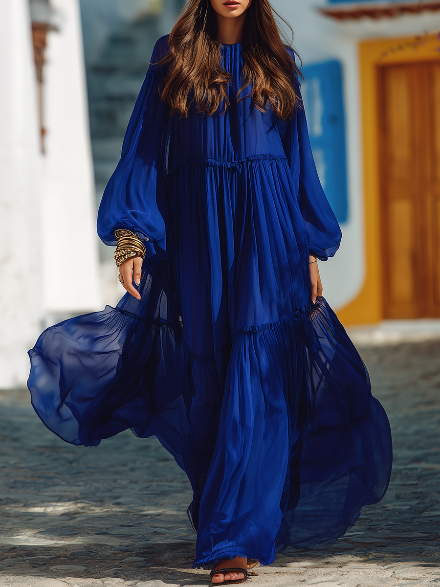 Elegant Bohemian Royal Blue Chiffon Round Neck Maxi Dress