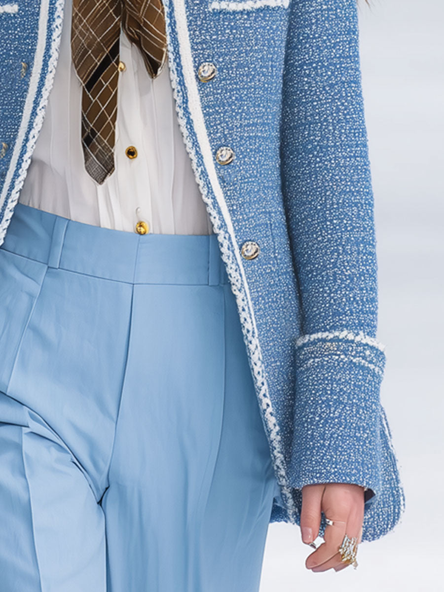 Vintage Elegant Web-Trimmed Light Blue Tweed Blazer
