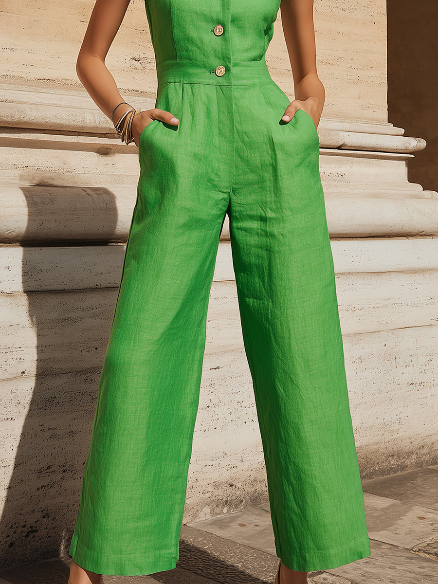 Fashionable And Casual Green Cotton Linen Collared Button Sleeveless Jumpsuit
